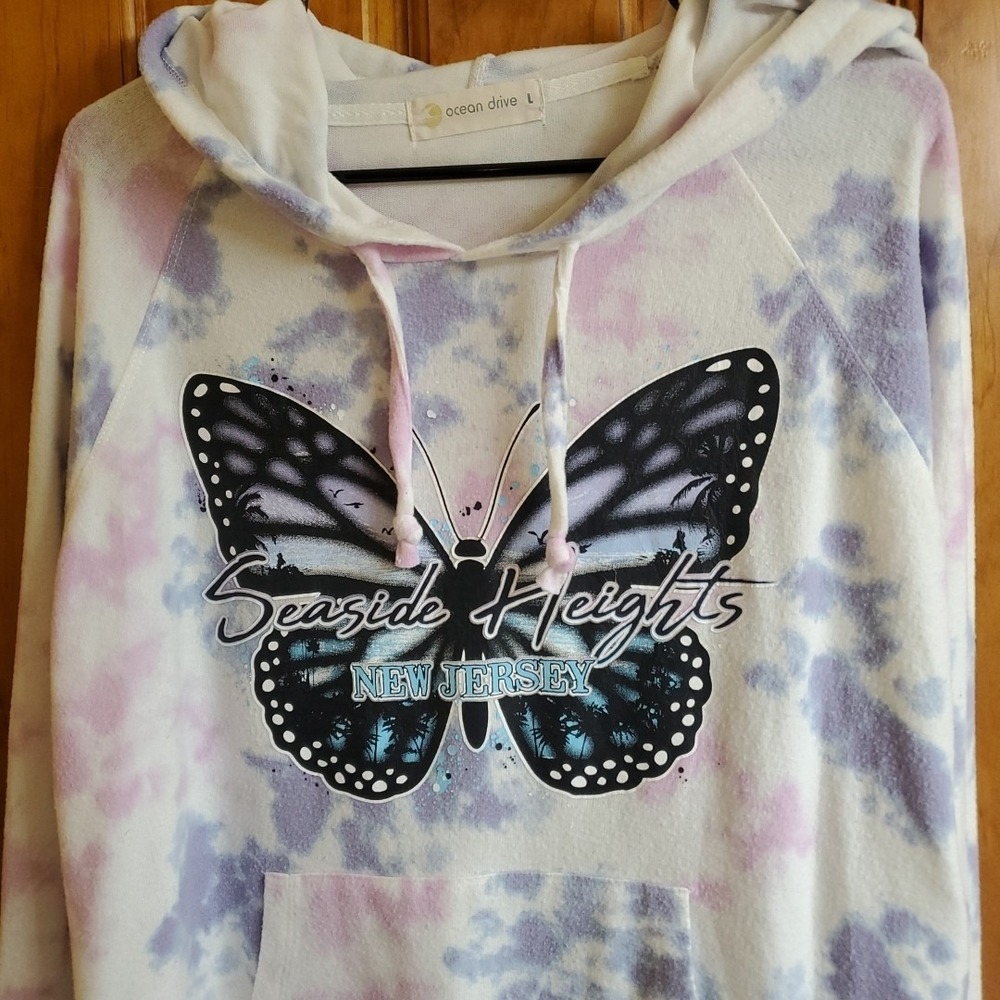 Ocean Drive L Hoodie Women Purple Tie Dye Butterfly Seaside Heights NJ Pullover